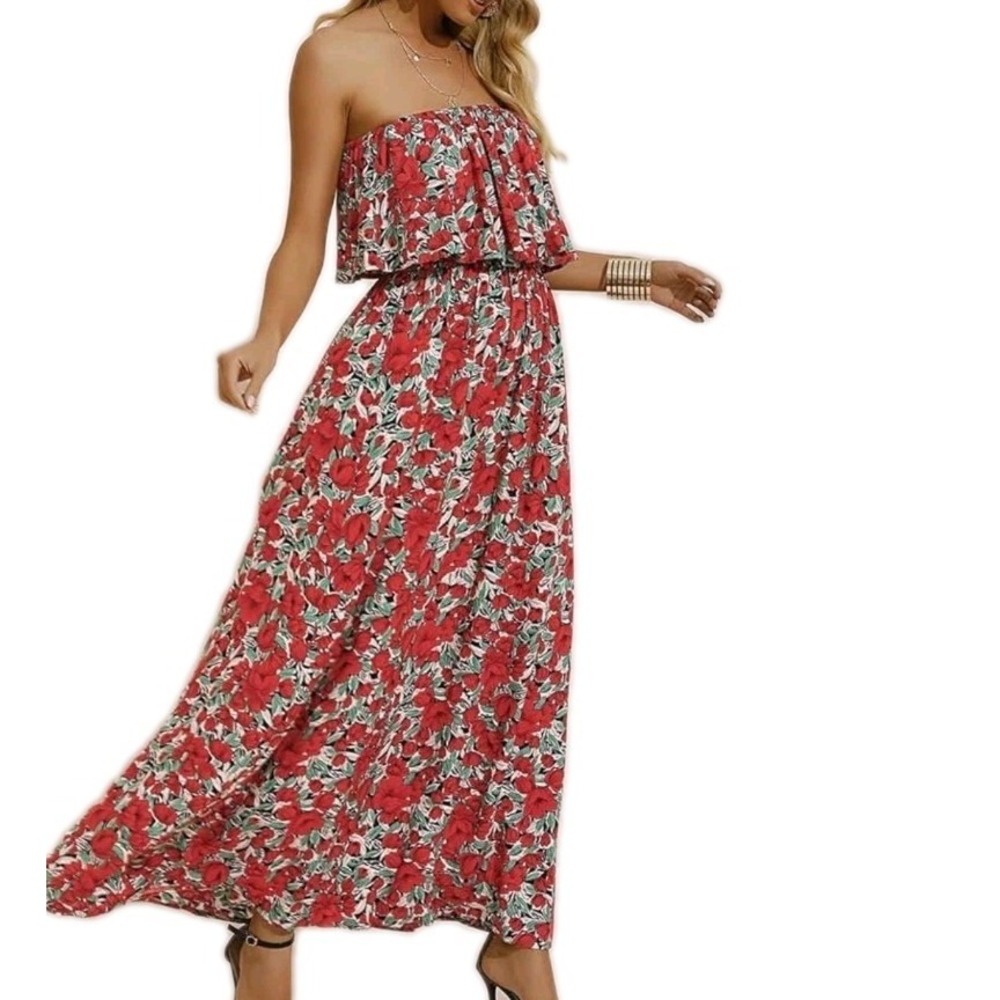 Women's Boho Maxi Dress Size S Off The Shoulder Red Floral Lightweight Flowy